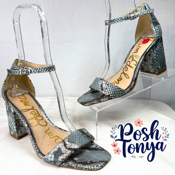 Sam Edelman Daniella Block Heel Sandals Snakeskin Print Ankle Strap Square Toe - Picture 1 of 16